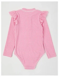 Milkshake Long Sleeve Zip Front Ruffle Shoulder Swimsuit With Emb in Strawberry/ Pink Gingham