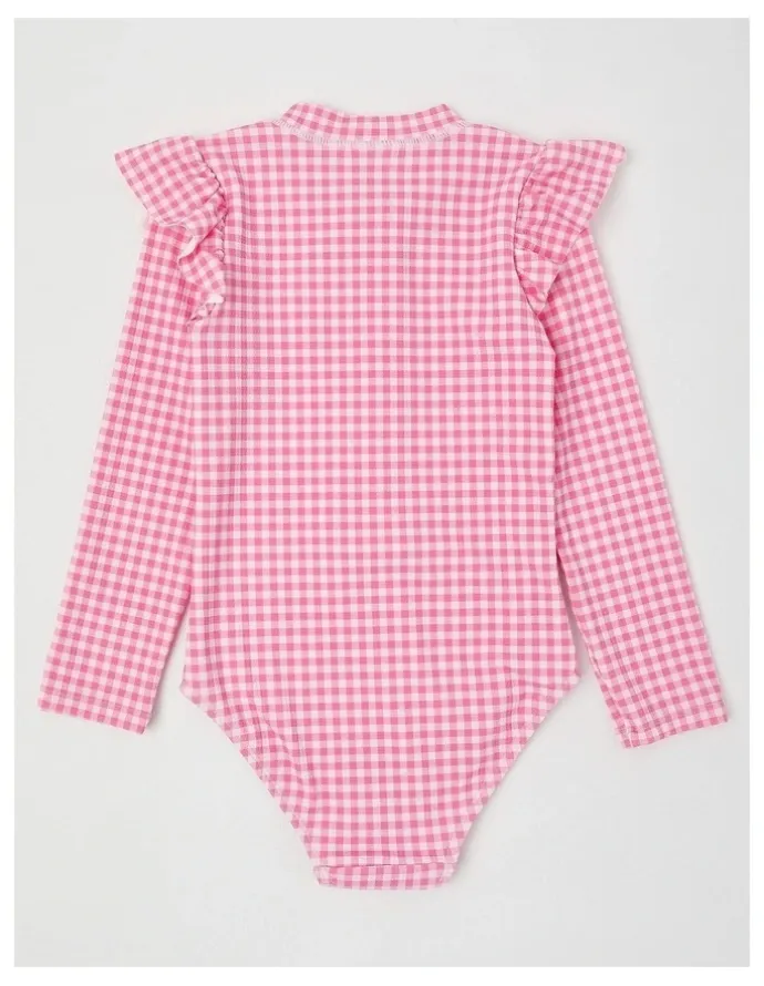 Milkshake Long Sleeve Zip Front Ruffle Shoulder Swimsuit With Emb in Strawberry/ Pink Gingham