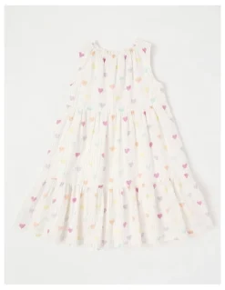 Milkshake Lurex Tiered Dress with Ric Rac Trim in Rainbow Heart in White