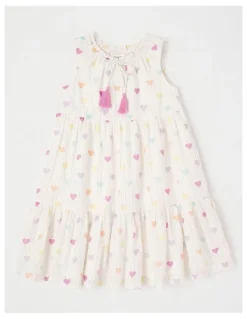 Milkshake Lurex Tiered Dress with Ric Rac Trim in Rainbow Heart in White
