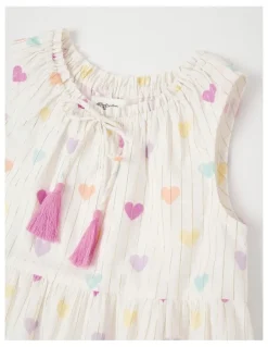 Milkshake Lurex Tiered Dress with Ric Rac Trim in Rainbow Heart in White
