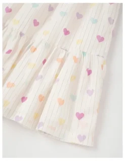 Milkshake Lurex Tiered Dress with Ric Rac Trim in Rainbow Heart in White