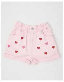 Milkshake Paper Bag Waist Denim Short with Embroidery in Hearts/Pink
