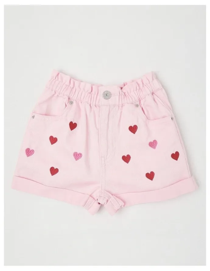 Milkshake Paper Bag Waist Denim Short with Embroidery in Hearts/Pink