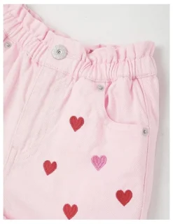 Milkshake Paper Bag Waist Denim Short with Embroidery in Hearts/Pink
