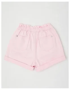 Milkshake Paper Bag Waist Denim Short with Embroidery in Hearts/Pink