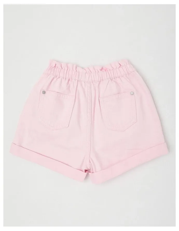 Milkshake Paper Bag Waist Denim Short with Embroidery in Hearts/Pink