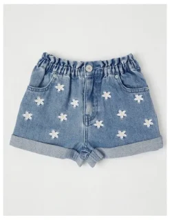 Milkshake Paper Bag Waist Denim Short with Embroidery in Daisies/Light Denim