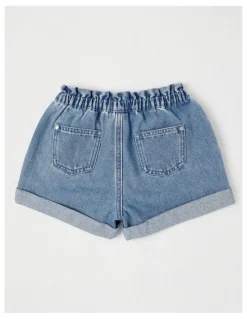 Milkshake Paper Bag Waist Denim Short with Embroidery in Daisies/Light Denim