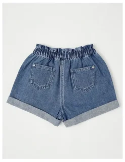 Milkshake Paper Bag Waist Denim Short with Embroidery in Bows/Mid Denim