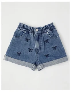 Milkshake Paper Bag Waist Denim Short with Embroidery in Bows/Mid Denim