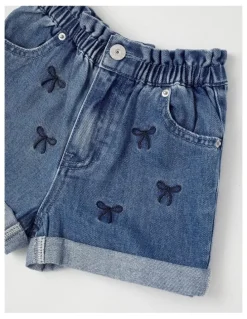 Milkshake Paper Bag Waist Denim Short with Embroidery in Bows/Mid Denim