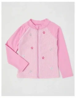Milkshake 3 Piece Long Sleeve Zip Front Rashvest with Crop & Bikini Set in Daisy Ticking Stripe/Pink