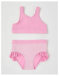 Milkshake 3 Piece Long Sleeve Zip Front Rashvest with Crop & Bikini Set in Daisy Ticking Stripe/Pink