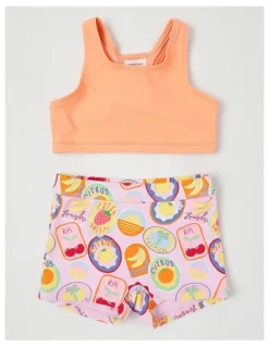 Milkshake 3 Piece Long Sleeve Zip Front Rashvest with Crop & Short Set in Tropical Fruit Stamps/ Peach