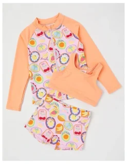 Milkshake 3 Piece Long Sleeve Zip Front Rashvest with Crop & Short Set in Tropical Fruit Stamps/ Peach