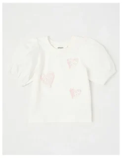 Milkshake Puff Sleeve Sequin Heart Top in Cream