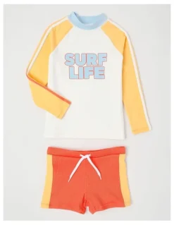 Milkshake Recycled Long Sleeve Rashvest & Rib Short Set in Surf Life/ Yellow & Washed Red