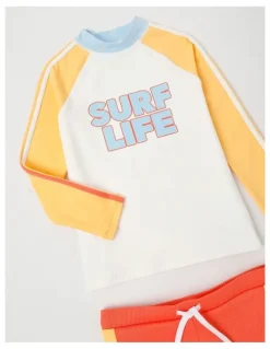 Milkshake Recycled Long Sleeve Rashvest & Rib Short Set in Surf Life/ Yellow & Washed Red