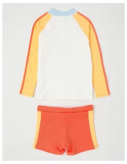 Milkshake Recycled Long Sleeve Rashvest & Rib Short Set in Surf Life/ Yellow & Washed Red