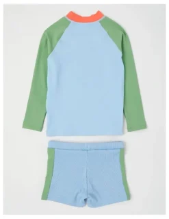 Milkshake Recycled Long Sleeve Rashvest & Rib Short Set in Sunshine/Blue & Green