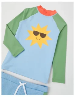 Milkshake Recycled Long Sleeve Rashvest & Rib Short Set in Sunshine/Blue & Green