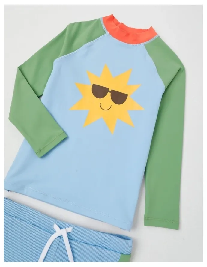 Milkshake Recycled Long Sleeve Rashvest & Rib Short Set in Sunshine/Blue & Green