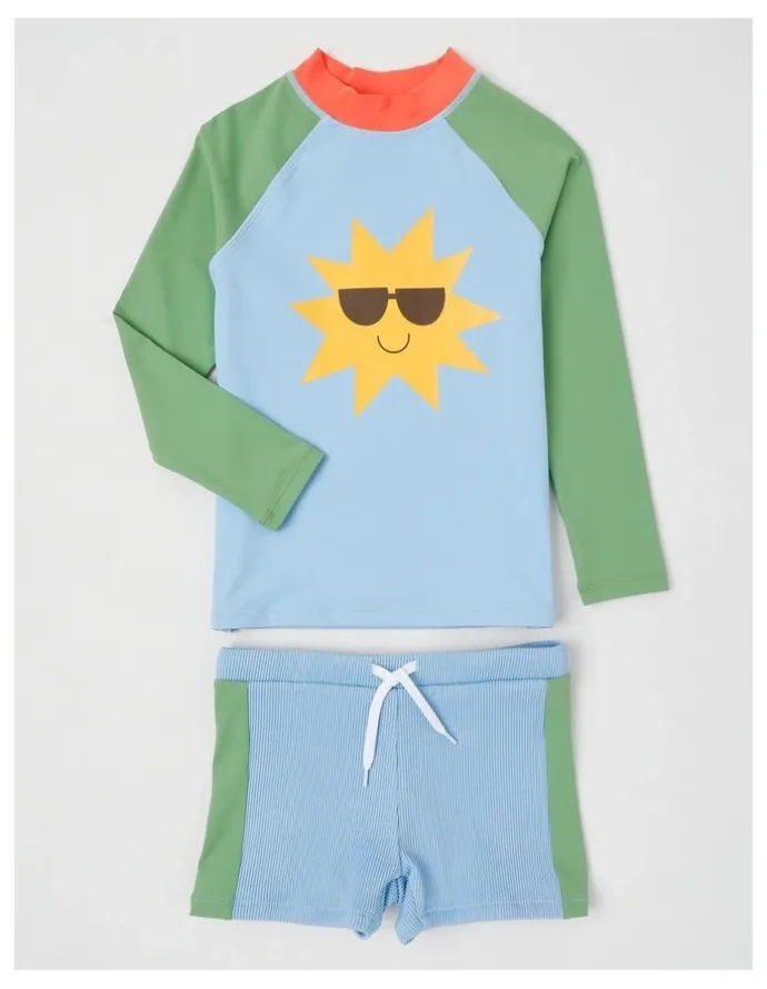 Milkshake Recycled Long Sleeve Rashvest & Rib Short Set in Sunshine/Blue & Green