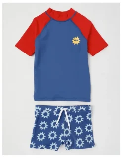 Milkshake Recycled Short Sleeve Rashvest & Short Set in Sun Print/Navy & Red