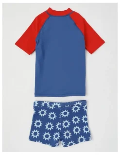 Milkshake Recycled Short Sleeve Rashvest & Short Set in Sun Print/Navy & Red