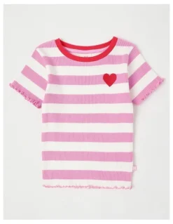 Milkshake Rib T-Shirt with Heart Placement in Wide Stripes Pink