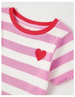Milkshake Rib T-Shirt with Heart Placement in Wide Stripes Pink