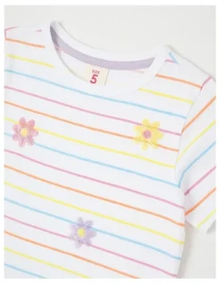 Milkshake Sequin Applique T-Shirt in Daisies White & Multi Stripes