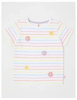 Milkshake Sequin Applique T-Shirt in Daisies White & Multi Stripes