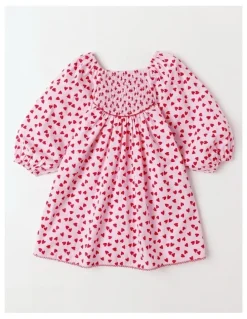 Milkshake Shirred Bodice Dress in Hearts Pink and Red