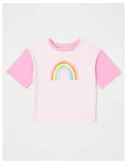 Milkshake Short Sleeve Colourblock Top With Glitter Rainbow in Pink