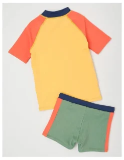 Milkshake Short Sleeve Rashvest& Rib Short Set in Beach Print/ Yellow & Red & Khaki