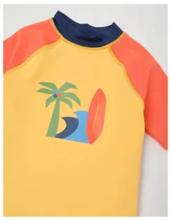 Milkshake Short Sleeve Rashvest& Rib Short Set in Beach Print/ Yellow & Red & Khaki