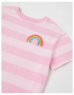 Milkshake T-Shirt Dress with Rainbow in Pink Stripe
