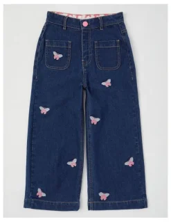 Milkshake Wide Leg Denim Culotte With Butterflies in Mid Denim