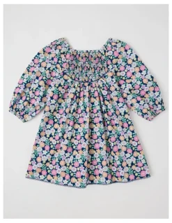 Milkshake Woven Long Sleeve Shirred Dress in Floral Navy