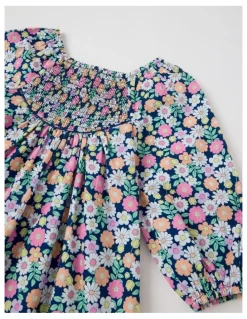 Milkshake Woven Long Sleeve Shirred Dress in Floral Navy