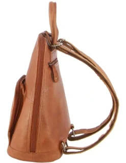 Milleni Ladies Genuine Leather Twin Zip Backpack in Cognac