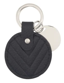 Mocha Chevron Circle Leather Key Ring in Black