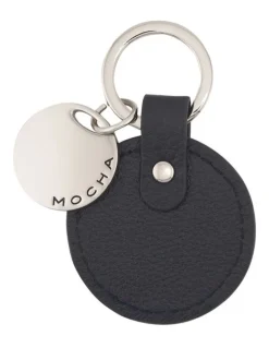 Mocha Chevron Circle Leather Key Ring in Black
