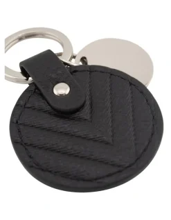Mocha Chevron Circle Leather Key Ring in Black