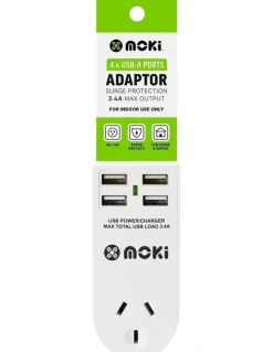 Moki Adaptor 1 Socket + 4 USB-A in White ACC-PAUSB4
