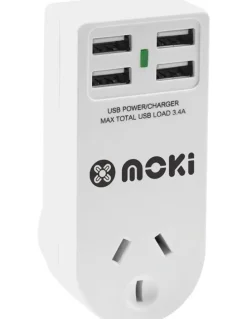 Moki Adaptor 1 Socket + 4 USB-A in White ACC-PAUSB4