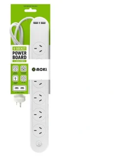 Moki Powerboard 6 Socket 2 USB-A 1 Switch in White ACC-PPB6SUSB2