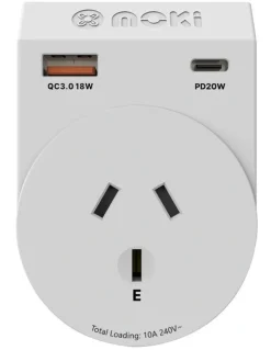 Moki Travel Adaptor Plus Outbound AUS/NZ to Europe + Pd20w Type-C & QC 3.0 USB-A Acc-Mtaoeup in White